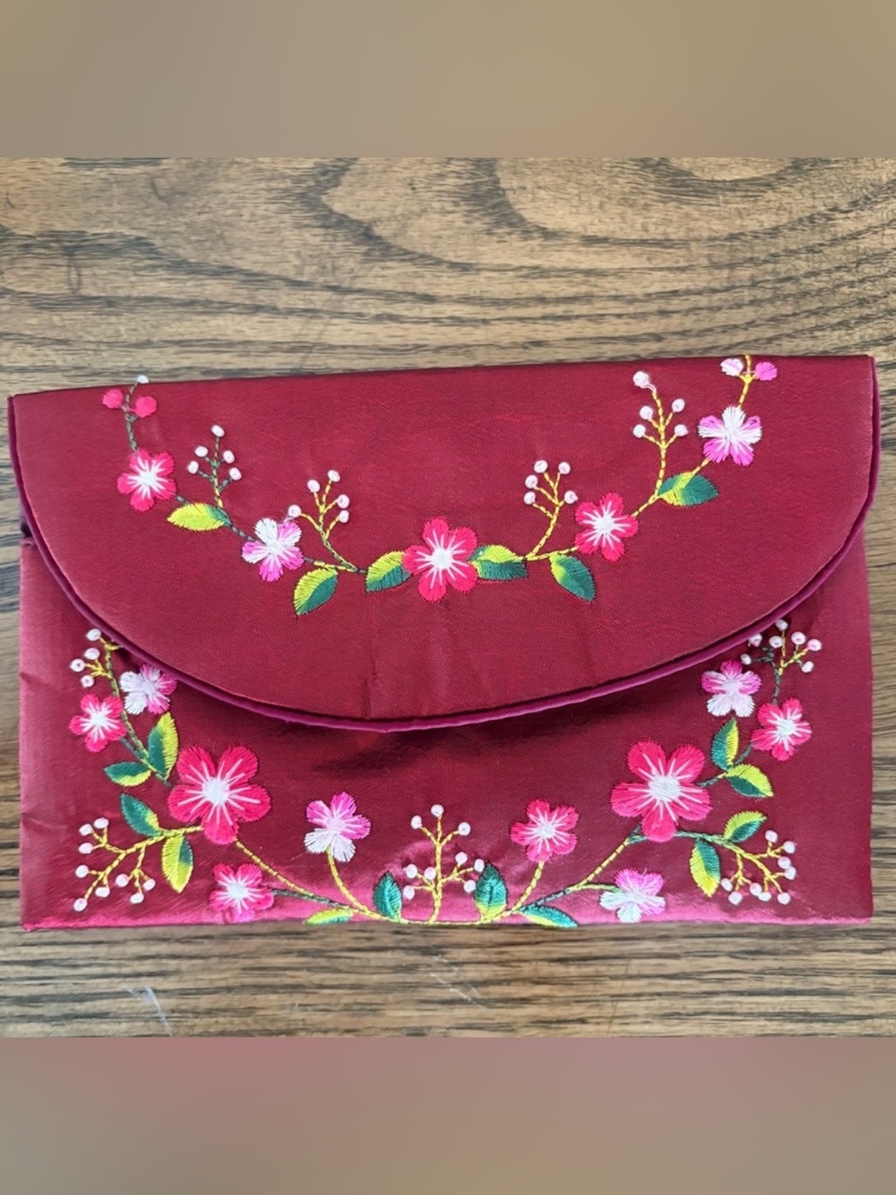 Embroidered & Beaded Burgundy Satiny Clutch - Floral on Burgundy